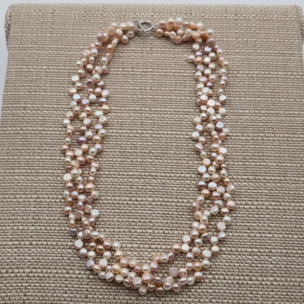 17.5 Inch Sterling Silver Triple Strand Genuine Light Pearls Necklace B501 - Picture 1 of 6